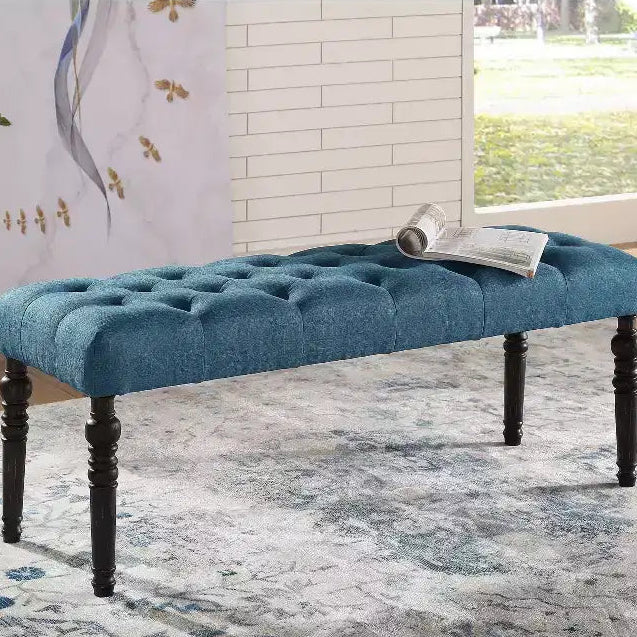 Leviton Fabric Tufted Turned Leg Dining Bench, Blue