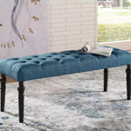 Leviton Fabric Tufted Turned Leg Dining Bench, Blue