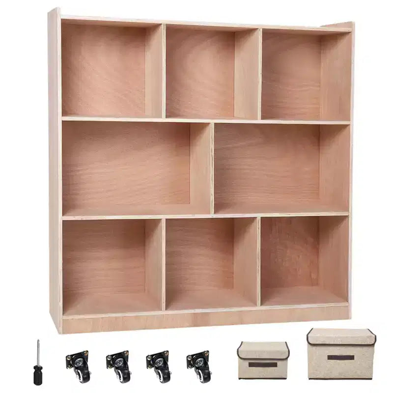 Cubbies Storage Cabinet, Solid Kids Book Cubby Shelving, Storage Organizer with 4 Casters, 2 Storage Boxes for Home/School