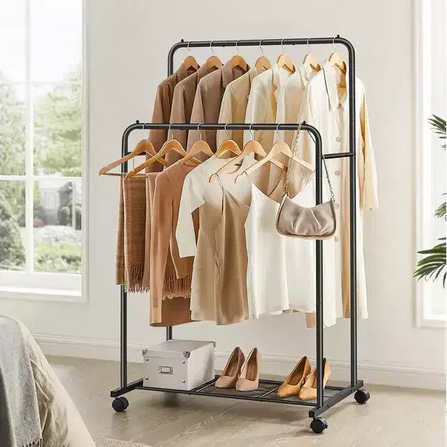 Double - Rod Clothes Rack with Wheels - Heavy - Duty, 2 Brakes, Mesh Storage Shelf. Each Top Rail Holds 77 lb, Ideal for Hanging Clothes