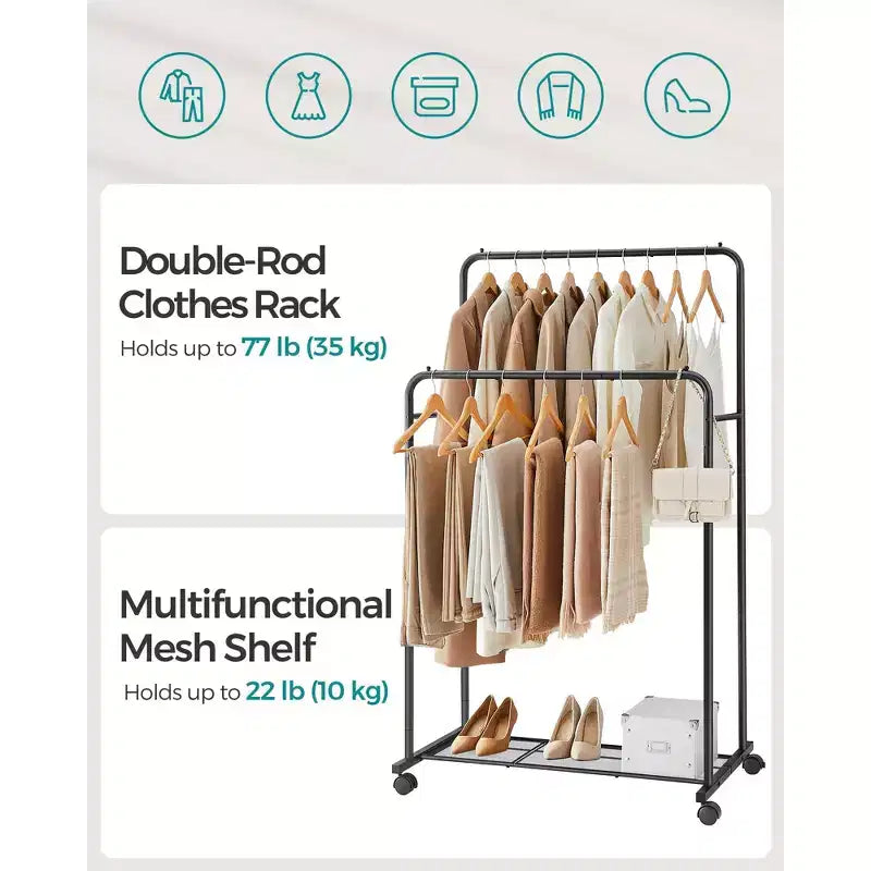 Appendiabiti a doppia asta con ruote - Resistente, 2 freni, ripiano in rete. Ogni asta superiore supporta 35 kg, ideale per appendere abiti