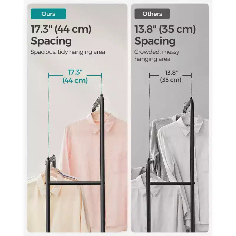 Appendiabiti a doppia asta con ruote - Resistente, 2 freni, ripiano in rete. Ogni asta superiore supporta 35 kg, ideale per appendere abiti