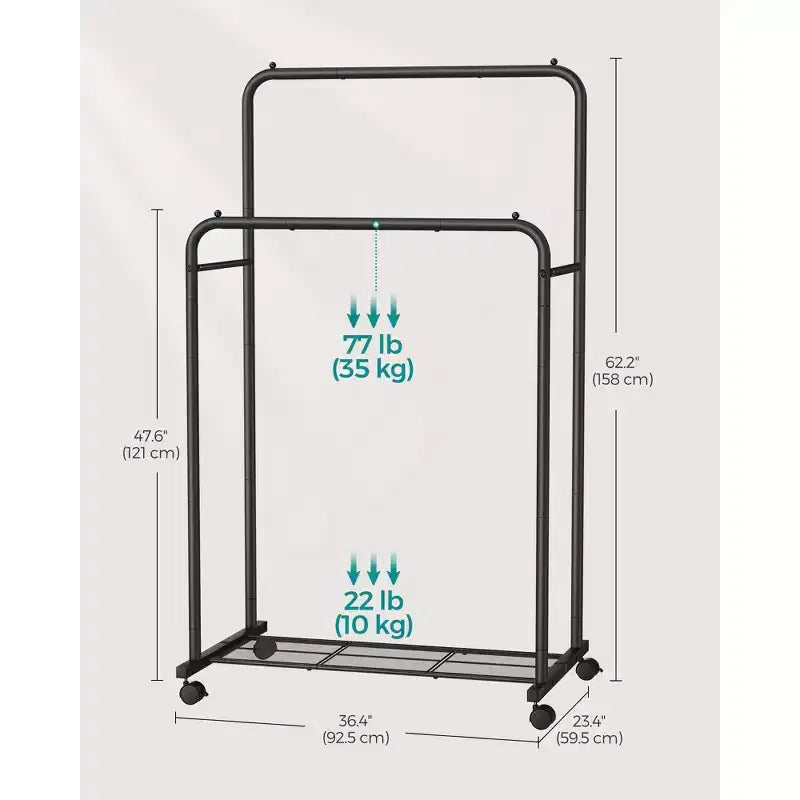 Appendiabiti a doppia asta con ruote - Resistente, 2 freni, ripiano in rete. Ogni asta superiore supporta 35 kg, ideale per appendere abiti