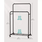 Appendiabiti a doppia asta con ruote - Resistente, 2 freni, ripiano in rete. Ogni asta superiore supporta 35 kg, ideale per appendere abiti