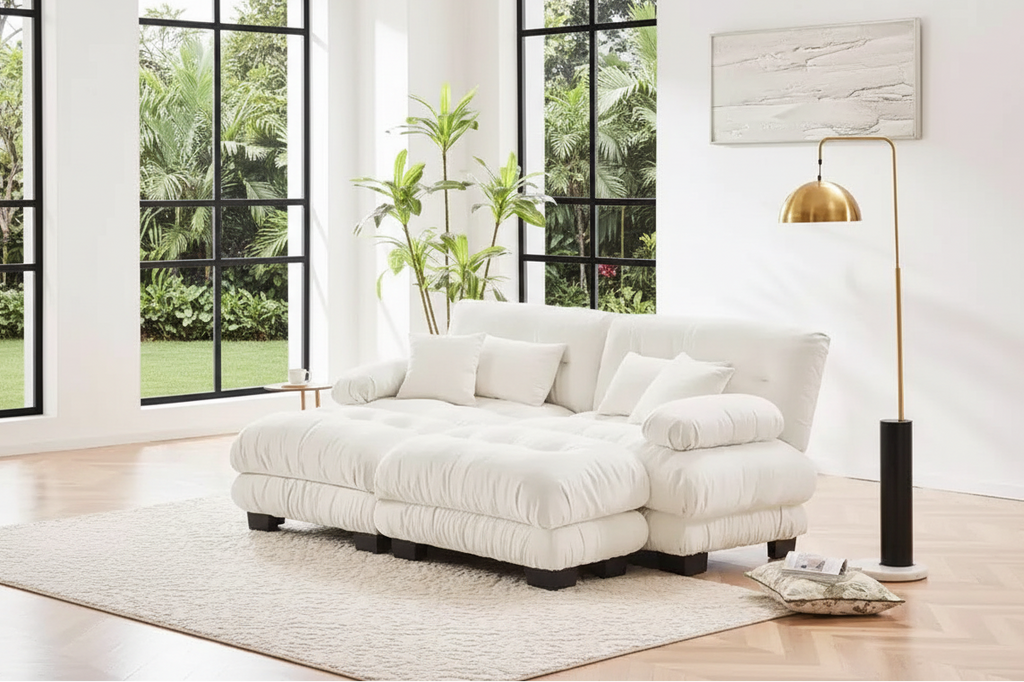 Cloud Couch Sleeper Sofa for Living Room, Chenille 2 Seater sofa with 2 Lumbar pillows and 2 throw pillows , Upholstered Wide Arm Sofa with 2 Ottomans