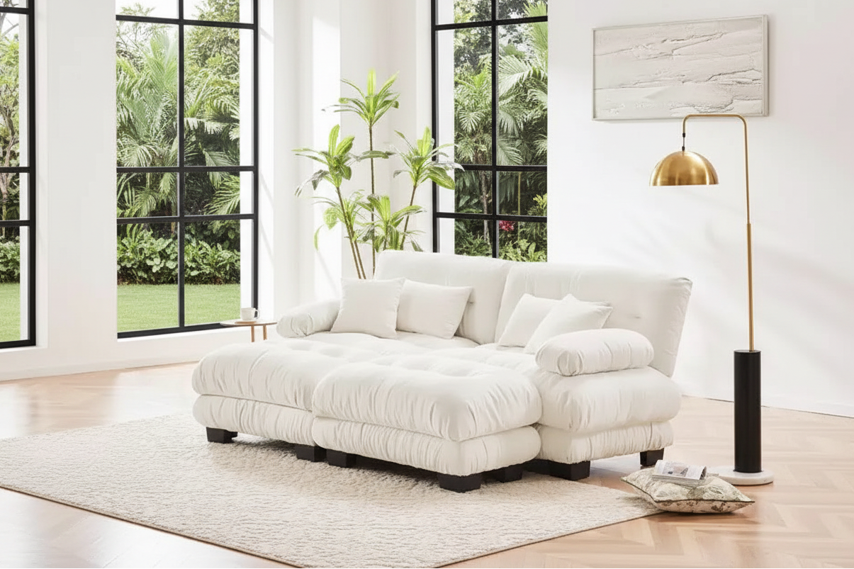 Cloud Couch Sleeper Sofa for Living Room, Chenille 2 Seater sofa with 2 Lumbar pillows and 2 throw pillows , Upholstered Wide Arm Sofa with 2 Ottomans