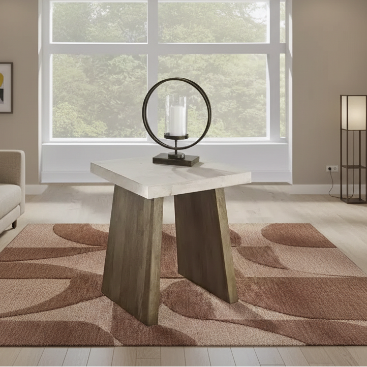 Tavolino da salotto contemporaneo con piano quadrato in finto cemento e base in legno di mango, marrone chiaro