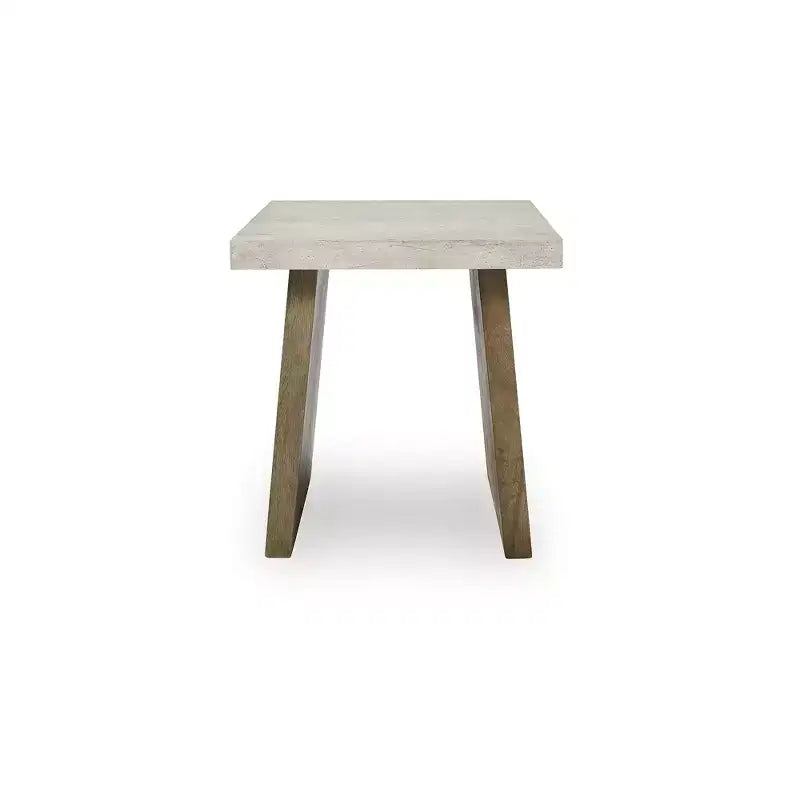 Tavolino da salotto contemporaneo con piano quadrato in finto cemento e base in legno di mango, marrone chiaro