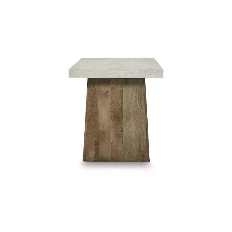 Tavolino da salotto contemporaneo con piano quadrato in finto cemento e base in legno di mango, marrone chiaro