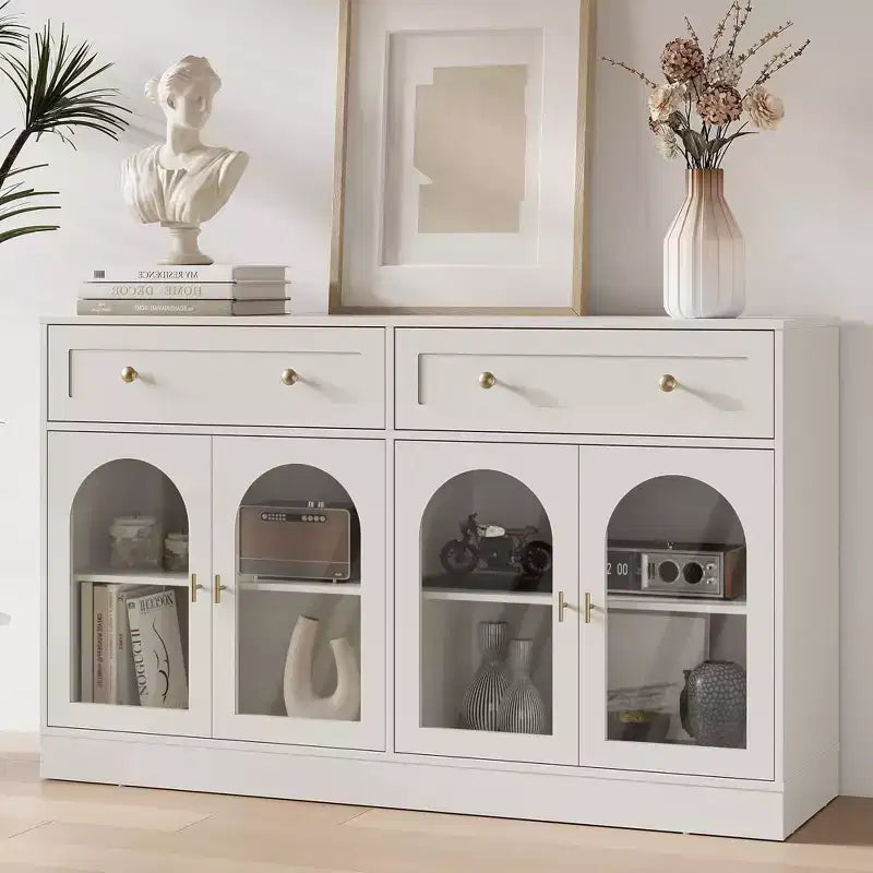 Credenza, credenza con ripiani regolabili e 4 ante, credenza da cucina con 2 cassetti, tavolino da bar in legno, bianco