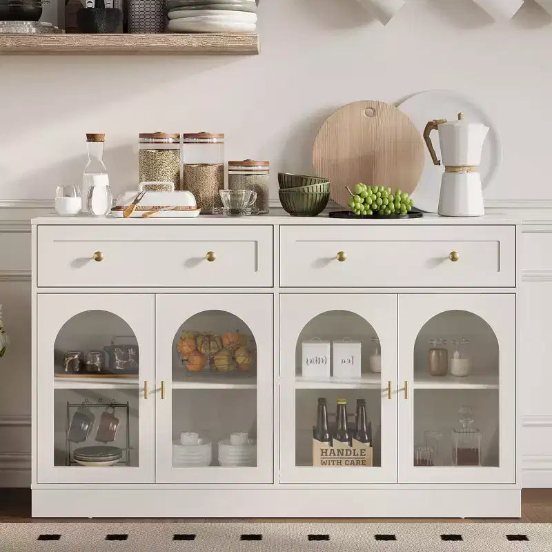 Credenza, credenza con ripiani regolabili e 4 ante, credenza da cucina con 2 cassetti, tavolino da bar in legno, bianco