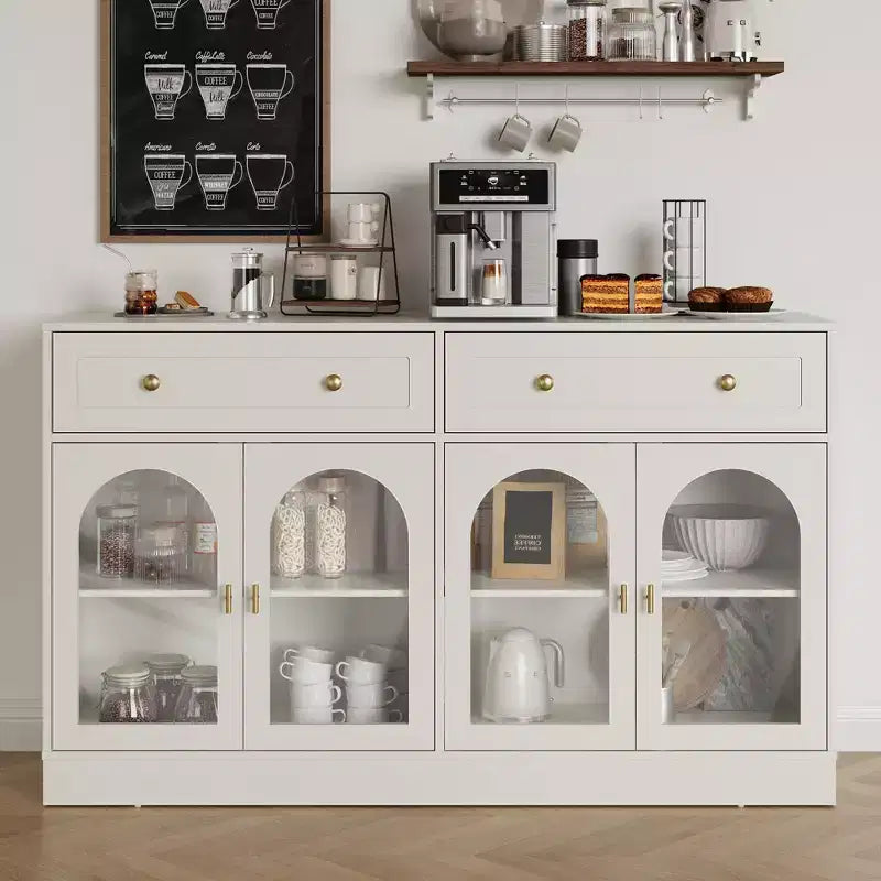 Credenza, credenza con ripiani regolabili e 4 ante, credenza da cucina con 2 cassetti, tavolino da bar in legno, bianco
