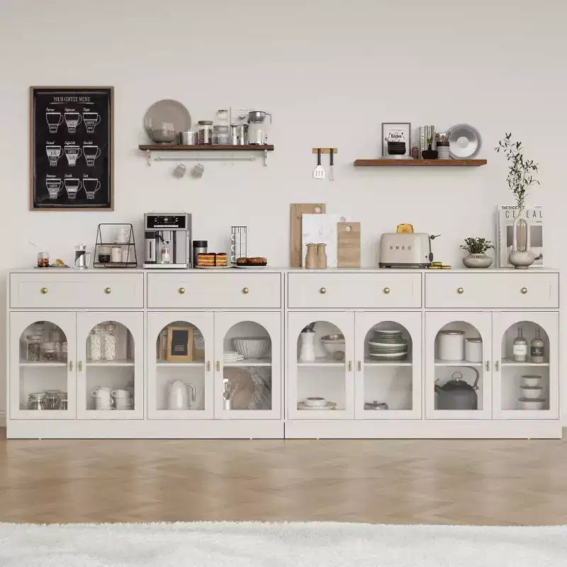 Credenza, credenza con ripiani regolabili e 4 ante, credenza da cucina con 2 cassetti, tavolino da bar in legno, bianco