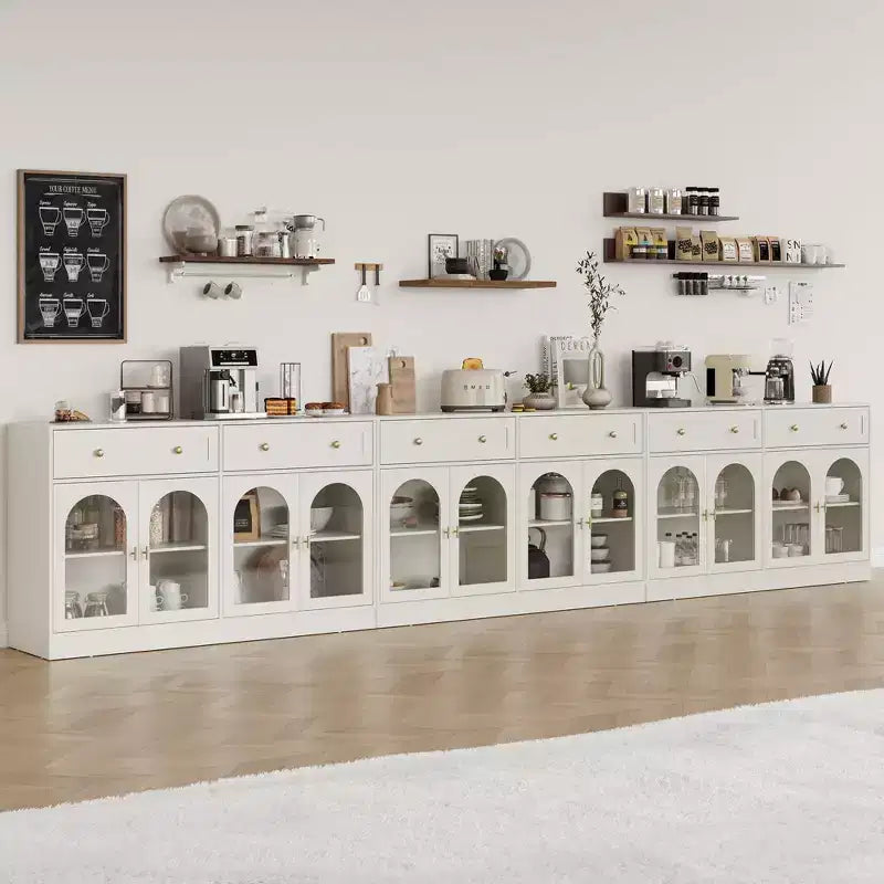 Credenza, credenza con ripiani regolabili e 4 ante, credenza da cucina con 2 cassetti, tavolino da bar in legno, bianco