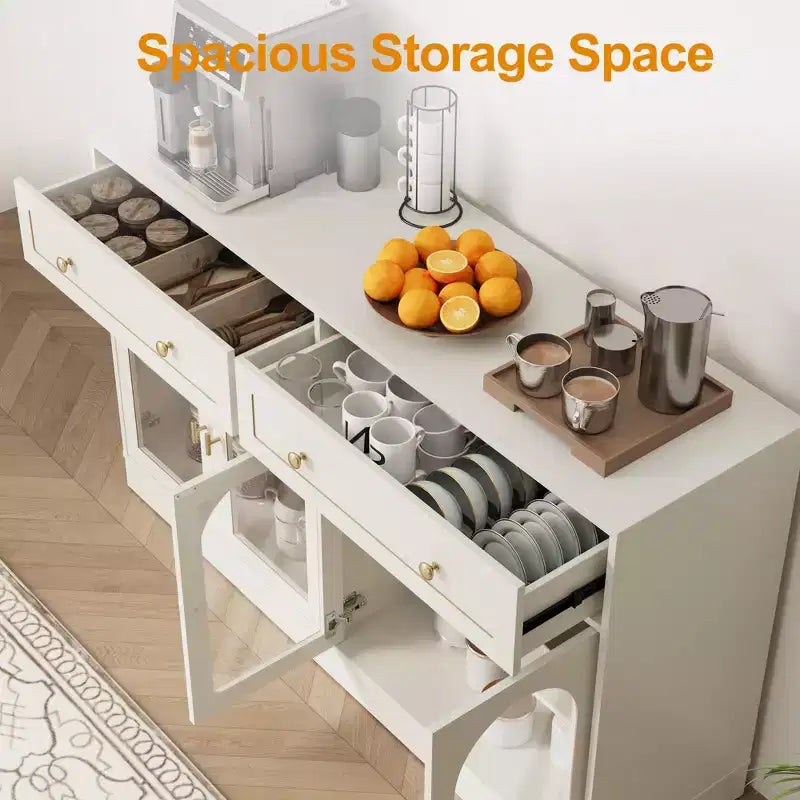 Credenza, credenza con ripiani regolabili e 4 ante, credenza da cucina con 2 cassetti, tavolino da bar in legno, bianco