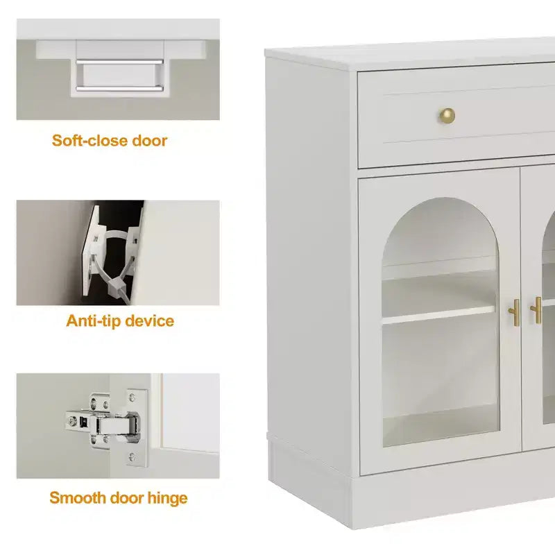 Credenza, credenza con ripiani regolabili e 4 ante, credenza da cucina con 2 cassetti, tavolino da bar in legno, bianco