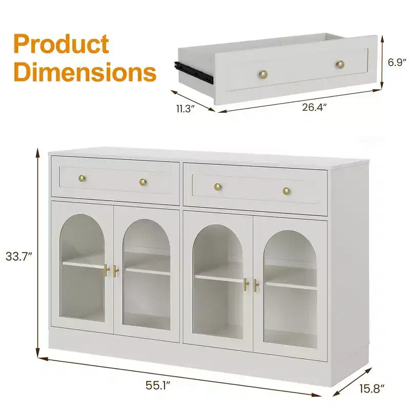 Credenza, credenza con ripiani regolabili e 4 ante, credenza da cucina con 2 cassetti, tavolino da bar in legno, bianco
