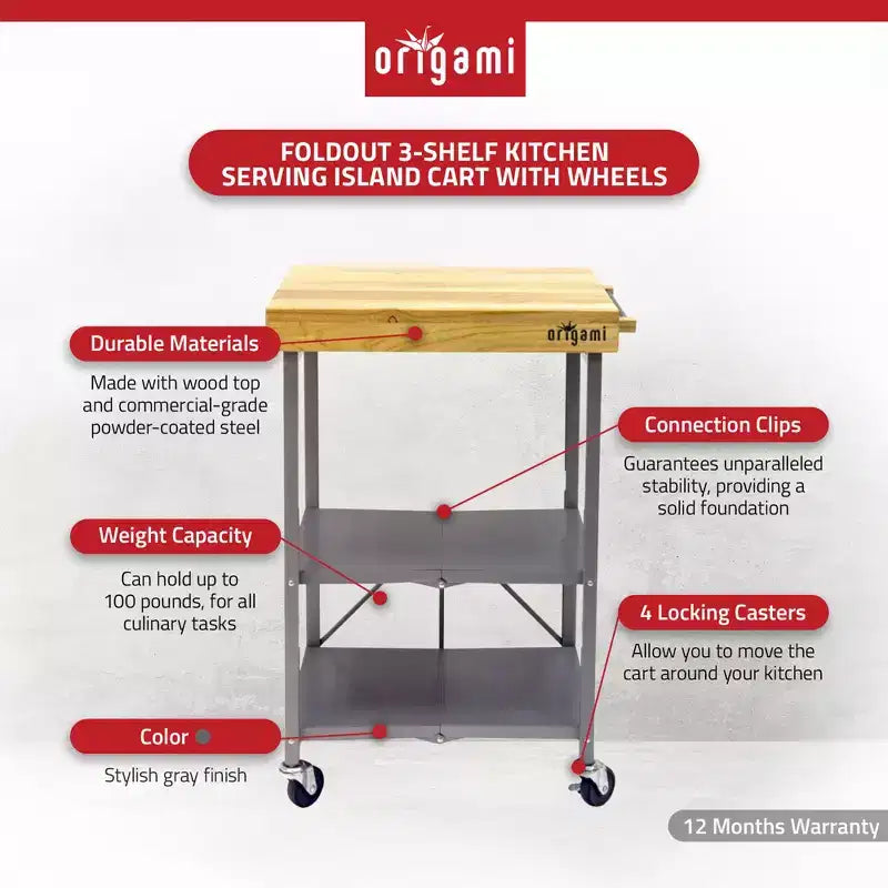 Carrello da Cucina Pieghevole, Carrello Portaoggetti con Ruote e Ripiani, Tavolo da Preparazione Portatile per Cucine, Sale da Pranzo e Patii