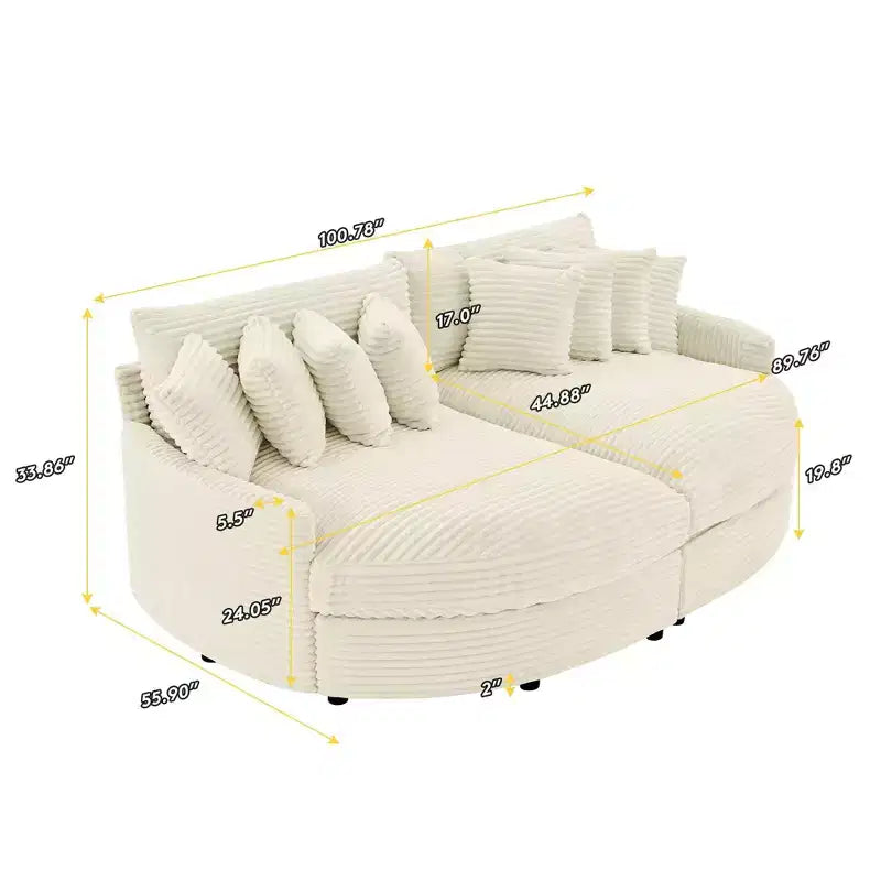 Chaise longue in velluto a coste extra-large con 8 cuscini e tappezzeria convertibile.