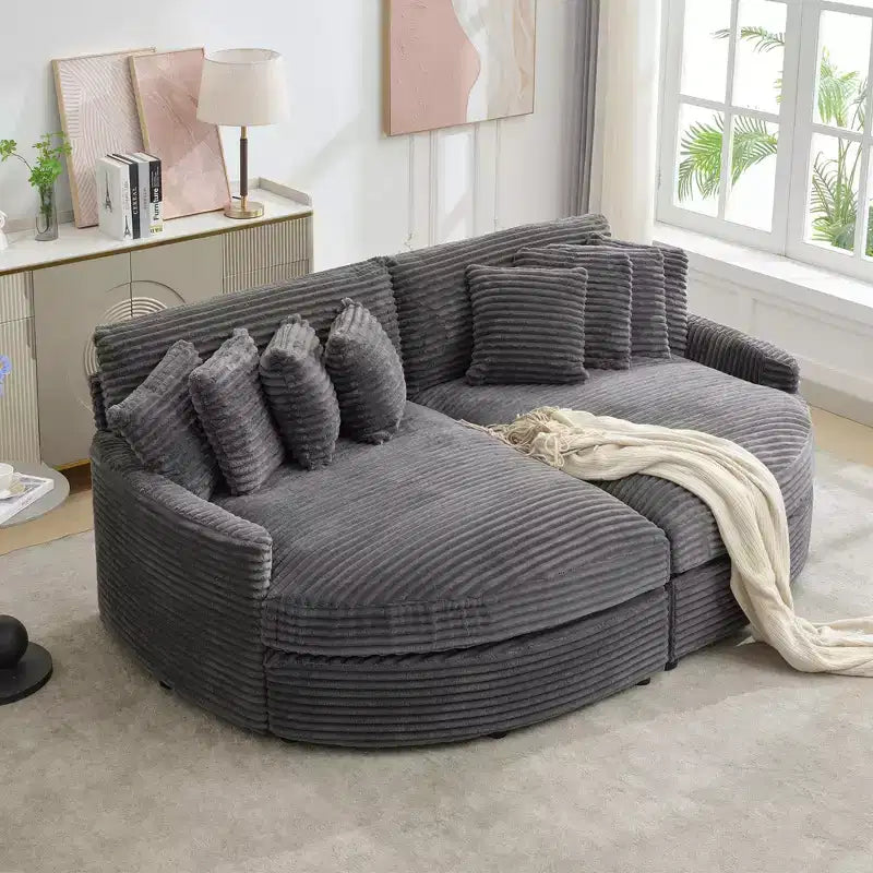 Divano componibile a chaise longue sinistra e destra in velluto a coste, oversize, con 8 cuscini, Divano convertibile imbottito
