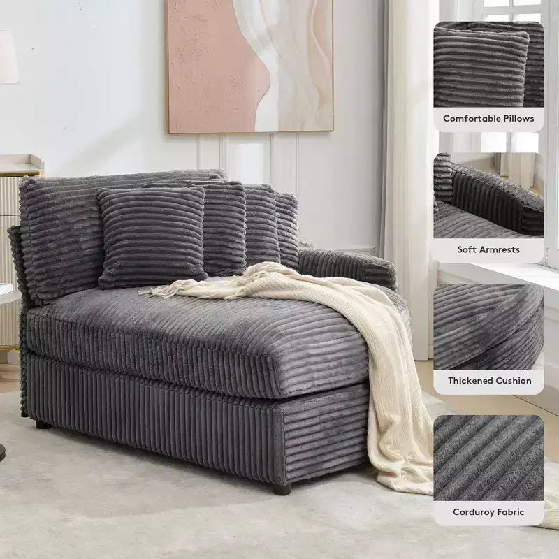 Chaise longue in velluto a coste extra-large con 8 cuscini e tappezzeria convertibile.