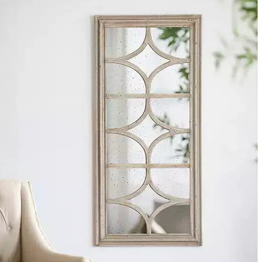 28 x 59 Inch Rectangular Wall Mirror with Distressed White Frame and Window Design