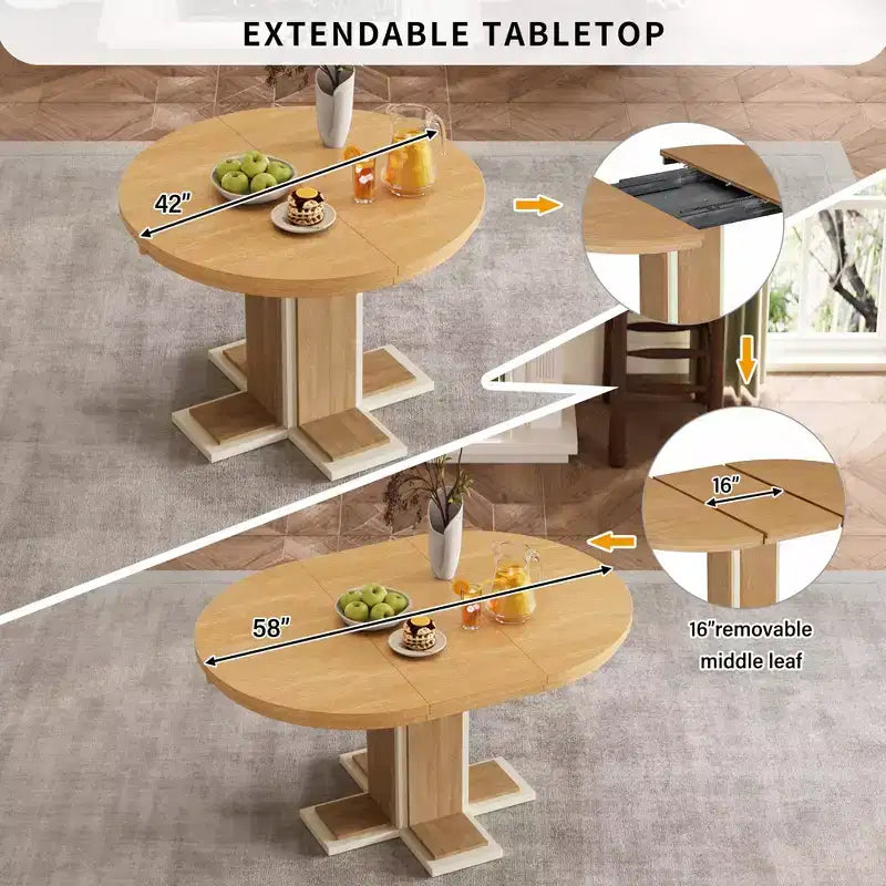 Tavolo da Pranzo Allungabile con Prolunga Centrale da 40,6 cm, Tavolo da Pranzo Ovale da 106,7 cm-147,3 cm per 6 Persone, Tavolo da Pranzo Rotondo Retrò in Legno Massello a Doppio Strato