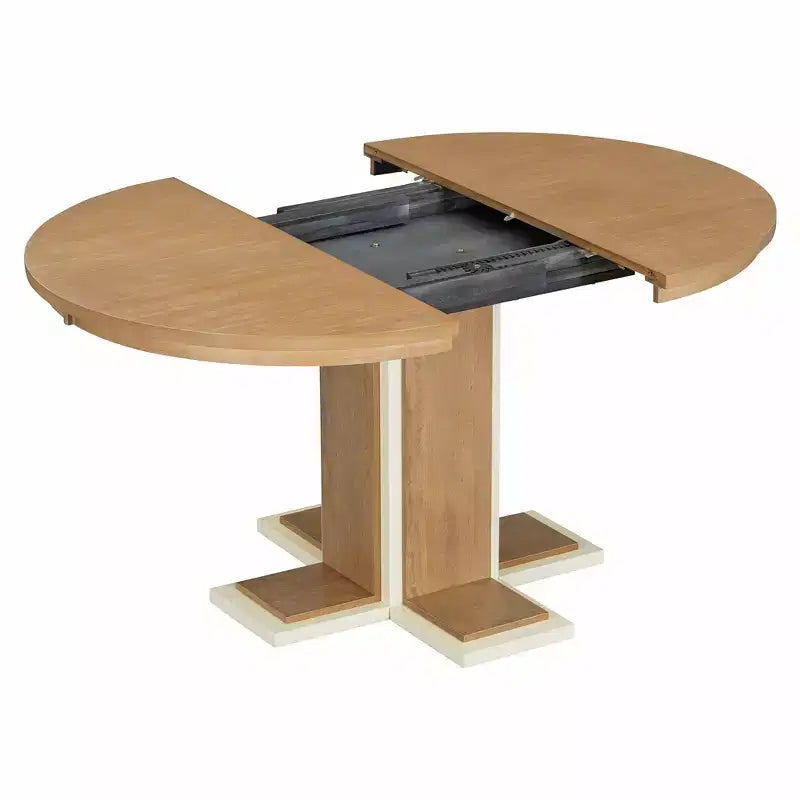 Tavolo da Pranzo Allungabile con Prolunga Centrale da 40,6 cm, Tavolo da Pranzo Ovale da 106,7 cm-147,3 cm per 6 Persone, Tavolo da Pranzo Rotondo Retrò in Legno Massello a Doppio Strato