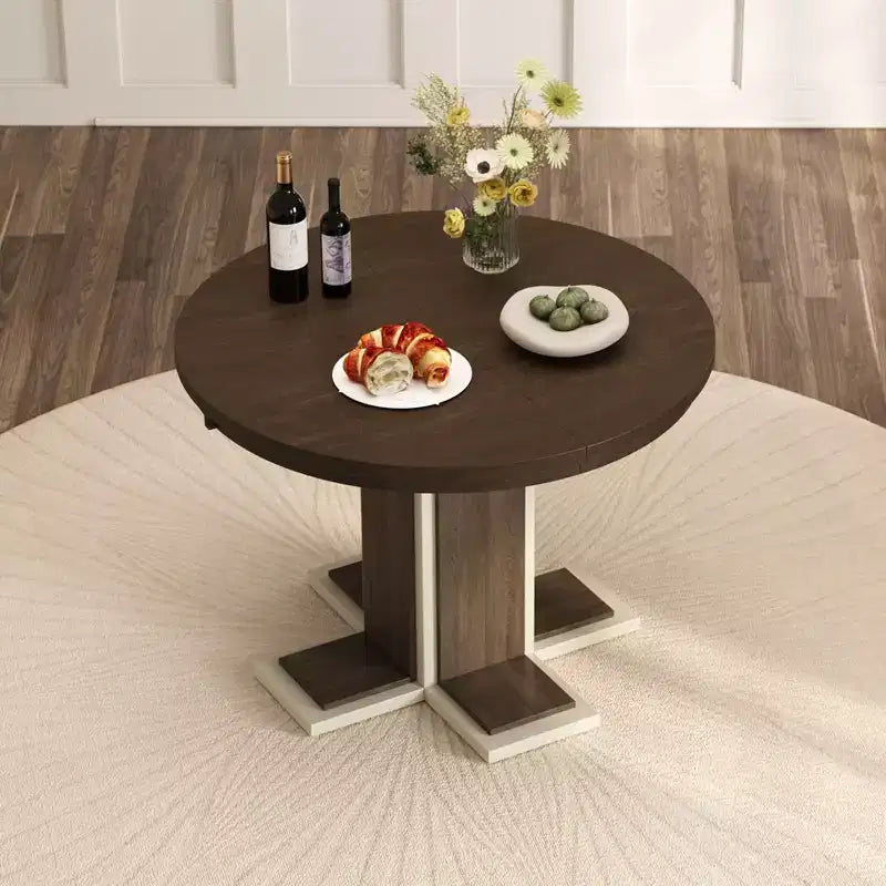 Extendable Dining Table with a 16-inch Middle Leaf, 106.7 cm-147.3 cm Oval Dining Table for 6, Retro Solid Wood Round Dining Table with Double Layer