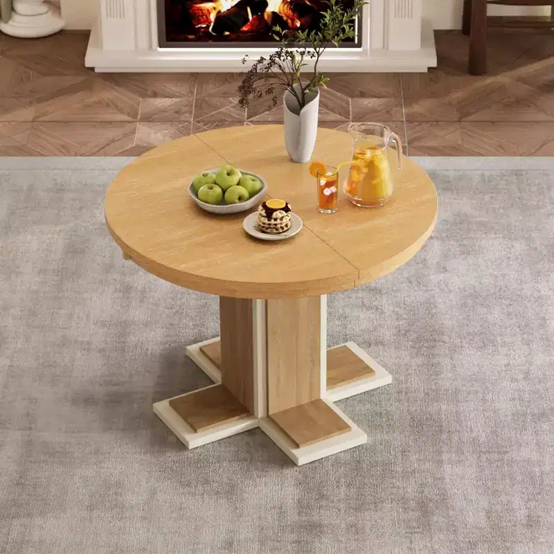 Tavolo da Pranzo Allungabile con Prolunga Centrale da 40,6 cm, Tavolo da Pranzo Ovale da 106,7 cm-147,3 cm per 6 Persone, Tavolo da Pranzo Rotondo Retrò in Legno Massello a Doppio Strato
