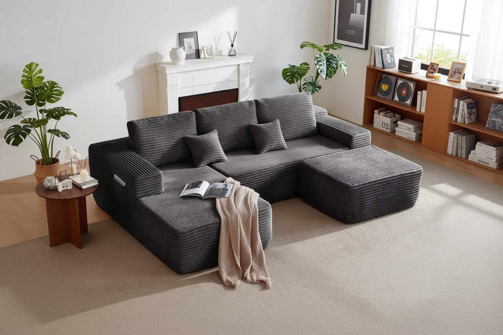 104Cloud Sectional Sofa,U-Shaped Chaise,Deep Seat,Side Pockets,Plush Fabric,No Assembly,Grey,Left Facing