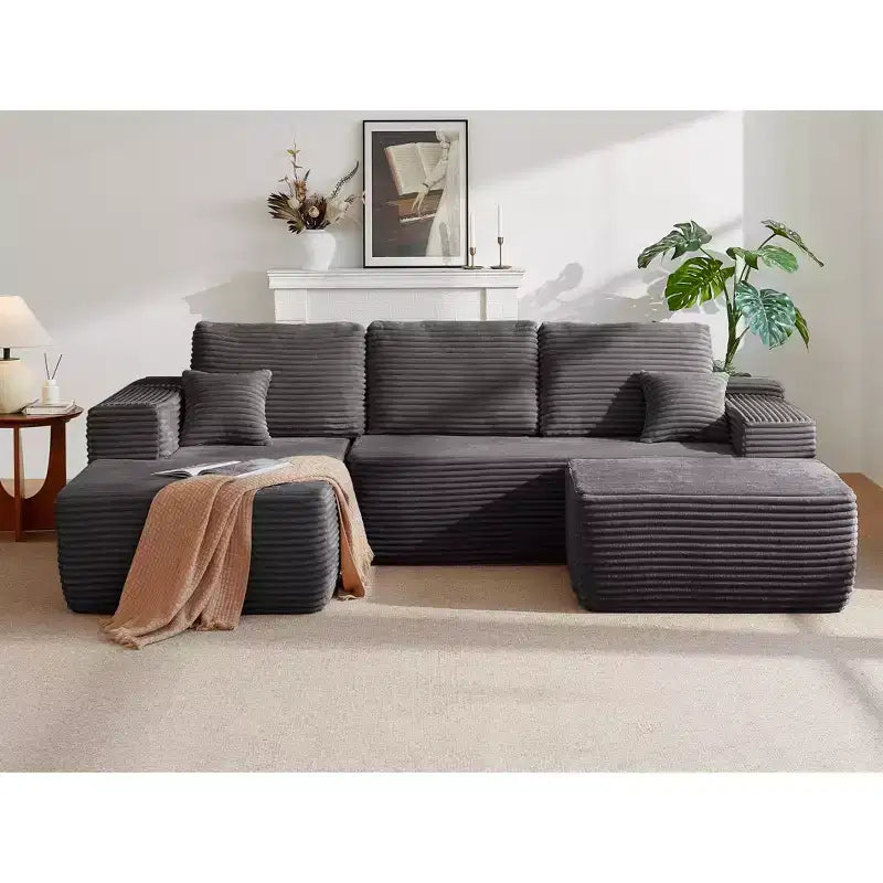 Divano Componibile, Chaise a U, Seduta Profonda, Tasche Laterali, Tessuto Felpato, Nessun Montaggio, Grigio, Orientamento Sinistro