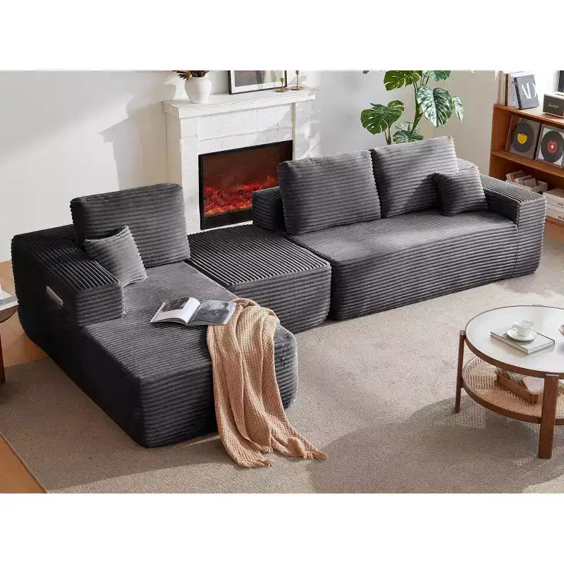Divano Componibile, Chaise a U, Seduta Profonda, Tasche Laterali, Tessuto Felpato, Nessun Montaggio, Grigio, Orientamento Sinistro