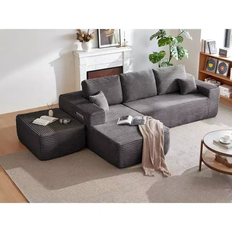 Divano Componibile, Chaise a U, Seduta Profonda, Tasche Laterali, Tessuto Felpato, Nessun Montaggio, Grigio, Orientamento Sinistro