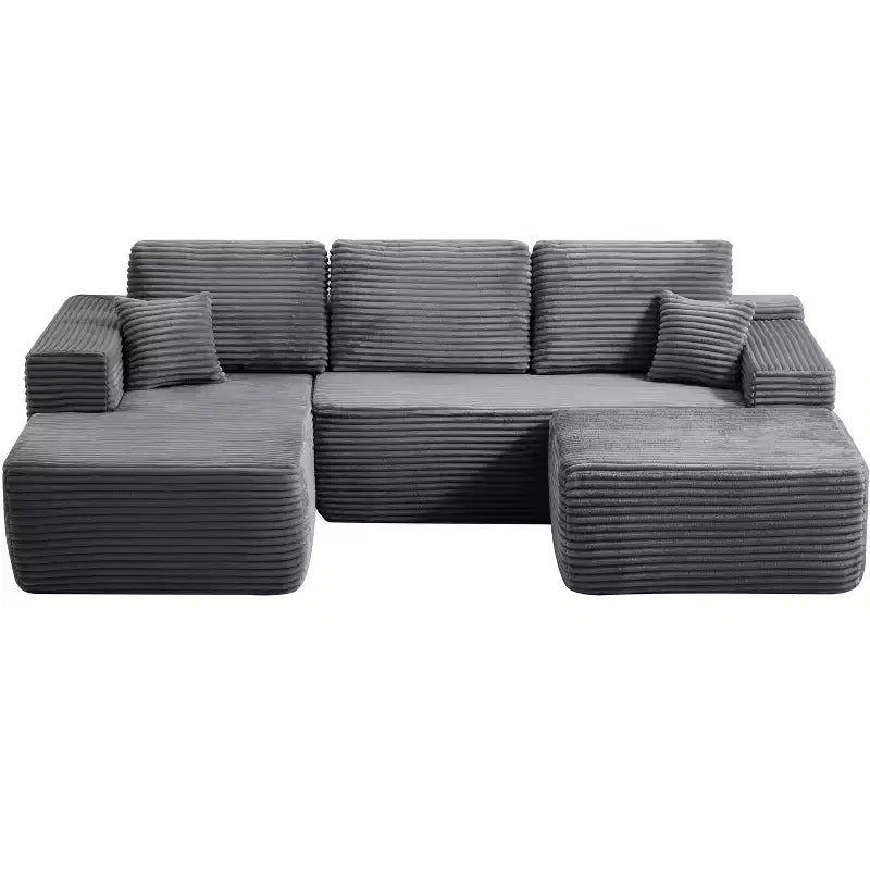Divano Componibile, Chaise a U, Seduta Profonda, Tasche Laterali, Tessuto Felpato, Nessun Montaggio, Grigio, Orientamento Sinistro