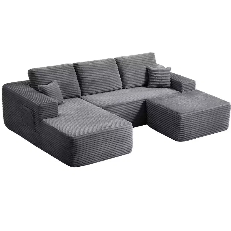 Divano Componibile, Chaise a U, Seduta Profonda, Tasche Laterali, Tessuto Felpato, Nessun Montaggio, Grigio, Orientamento Sinistro