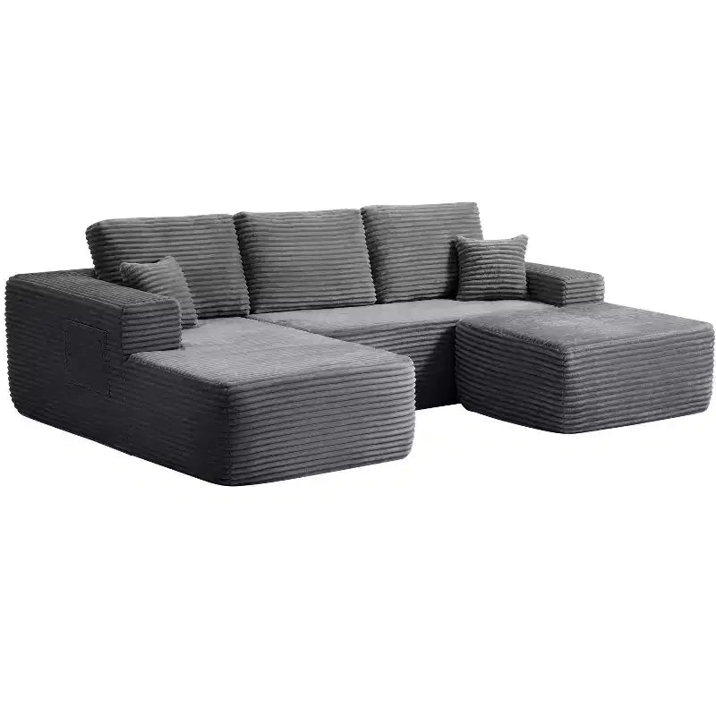 Divano Componibile, Chaise a U, Seduta Profonda, Tasche Laterali, Tessuto Felpato, Nessun Montaggio, Grigio, Orientamento Sinistro