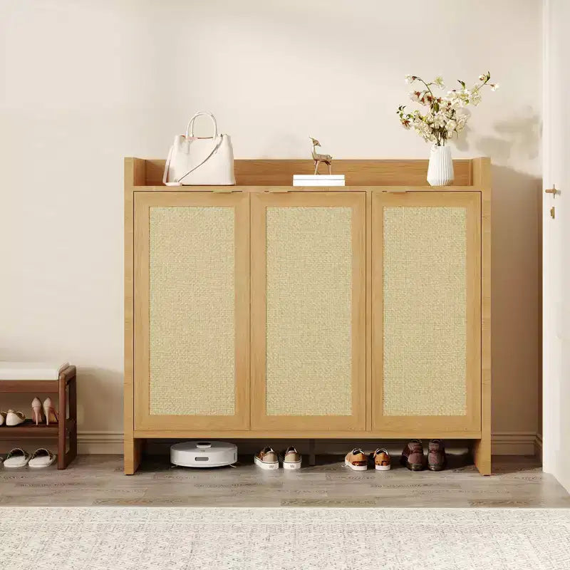 Multi-Tier Shoe Storage Cabinet w/ Rattan Doors & Adjustable Shelves for Entryway and Hallway