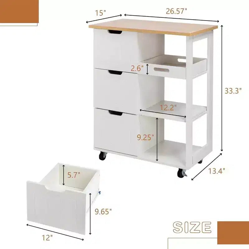 Carrello da Cucina con Isola e Ripiani, Mobile Contenitore da Cucina su Ruote, Tavolino Laterale con Ruote, 3 Ripiani Aperti e Cassetti per la Cucina