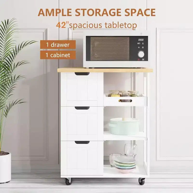 Carrello da Cucina con Isola e Ripiani, Mobile Contenitore da Cucina su Ruote, Tavolino Laterale con Ruote, 3 Ripiani Aperti e Cassetti per la Cucina