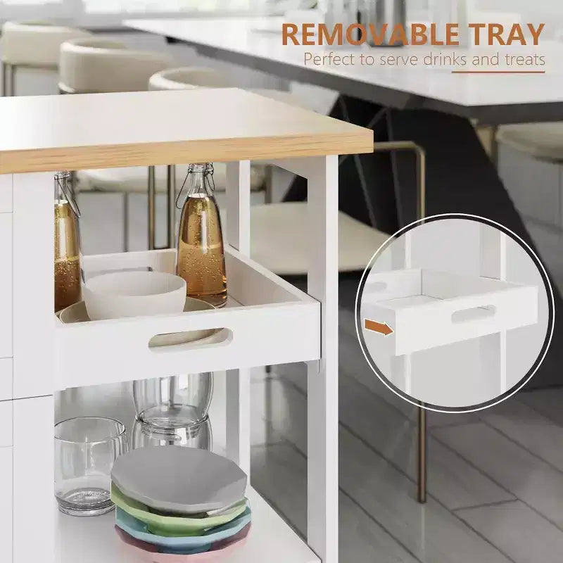 Carrello da Cucina con Isola e Ripiani, Mobile Contenitore da Cucina su Ruote, Tavolino Laterale con Ruote, 3 Ripiani Aperti e Cassetti per la Cucina
