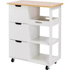 Carrello da Cucina con Isola e Ripiani, Mobile Contenitore da Cucina su Ruote, Tavolino Laterale con Ruote, 3 Ripiani Aperti e Cassetti per la Cucina