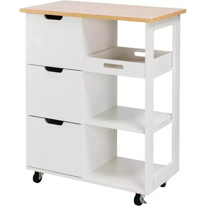 Carrello da Cucina con Isola e Ripiani, Mobile Contenitore da Cucina su Ruote, Tavolino Laterale con Ruote, 3 Ripiani Aperti e Cassetti per la Cucina
