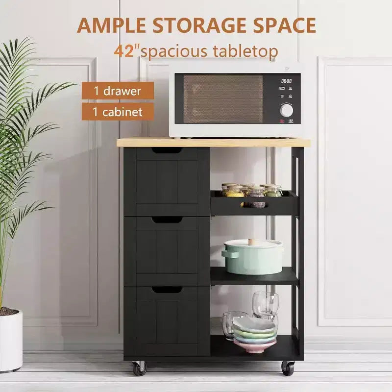 Carrello da Cucina con Isola e Ripiani, Mobile Contenitore da Cucina su Ruote, Tavolino Laterale con Ruote, 3 Ripiani Aperti e Cassetti per la Cucina