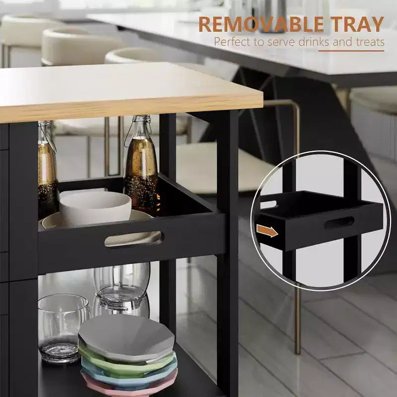 Carrello da Cucina con Isola e Ripiani, Mobile Contenitore da Cucina su Ruote, Tavolino Laterale con Ruote, 3 Ripiani Aperti e Cassetti per la Cucina