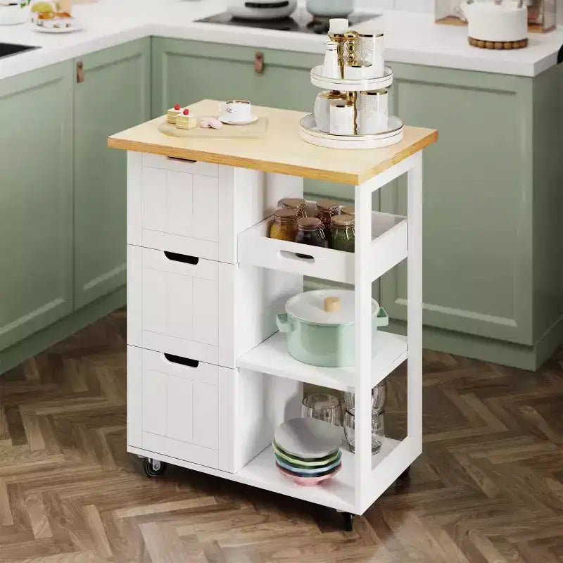 Carrello da Cucina con Isola e Ripiani, Mobile Contenitore da Cucina su Ruote, Tavolino Laterale con Ruote, 3 Ripiani Aperti e Cassetti per la Cucina
