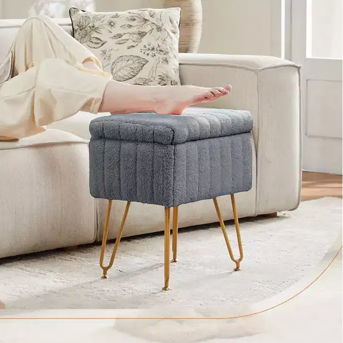 Moderno Pouf Contenitore in Finta Pelliccia, Poggiapiedi con Gambe in Metallo Antiscivolo, Panca Contenitore Rettangolare per Soggiorno, Ingresso