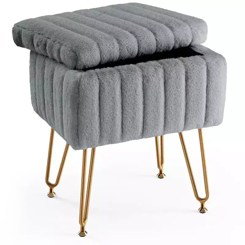 Modern Ottoman with Storage Faux Fur Upholstered Foot Stool with Anti-Slip Metal Legs Rectangle Storage Bench for Living Room, Entryway