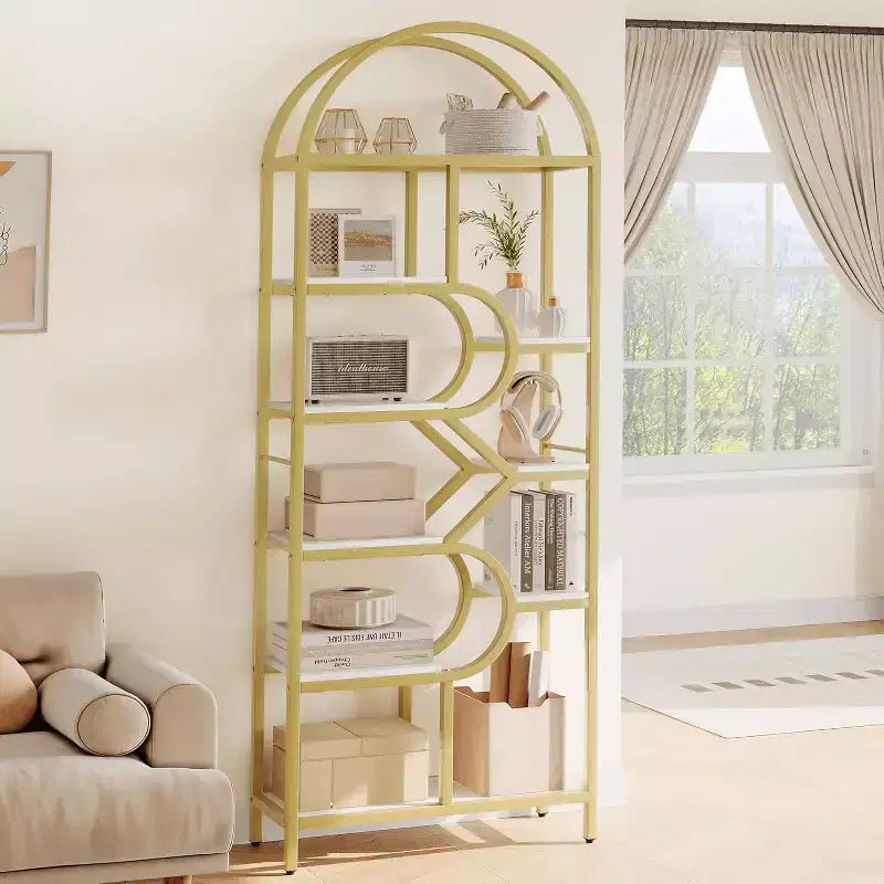 Libreria alta moderna a 6 ripiani con design geometrico ad arco - 82 Scaffale espositivo a giorno per casa, ufficio e soggiorno