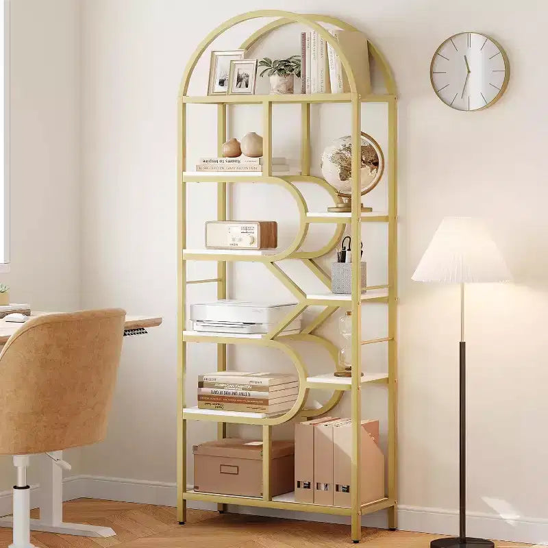 Libreria alta moderna a 6 ripiani con design geometrico ad arco - 82 Scaffale espositivo a giorno per casa, ufficio e soggiorno